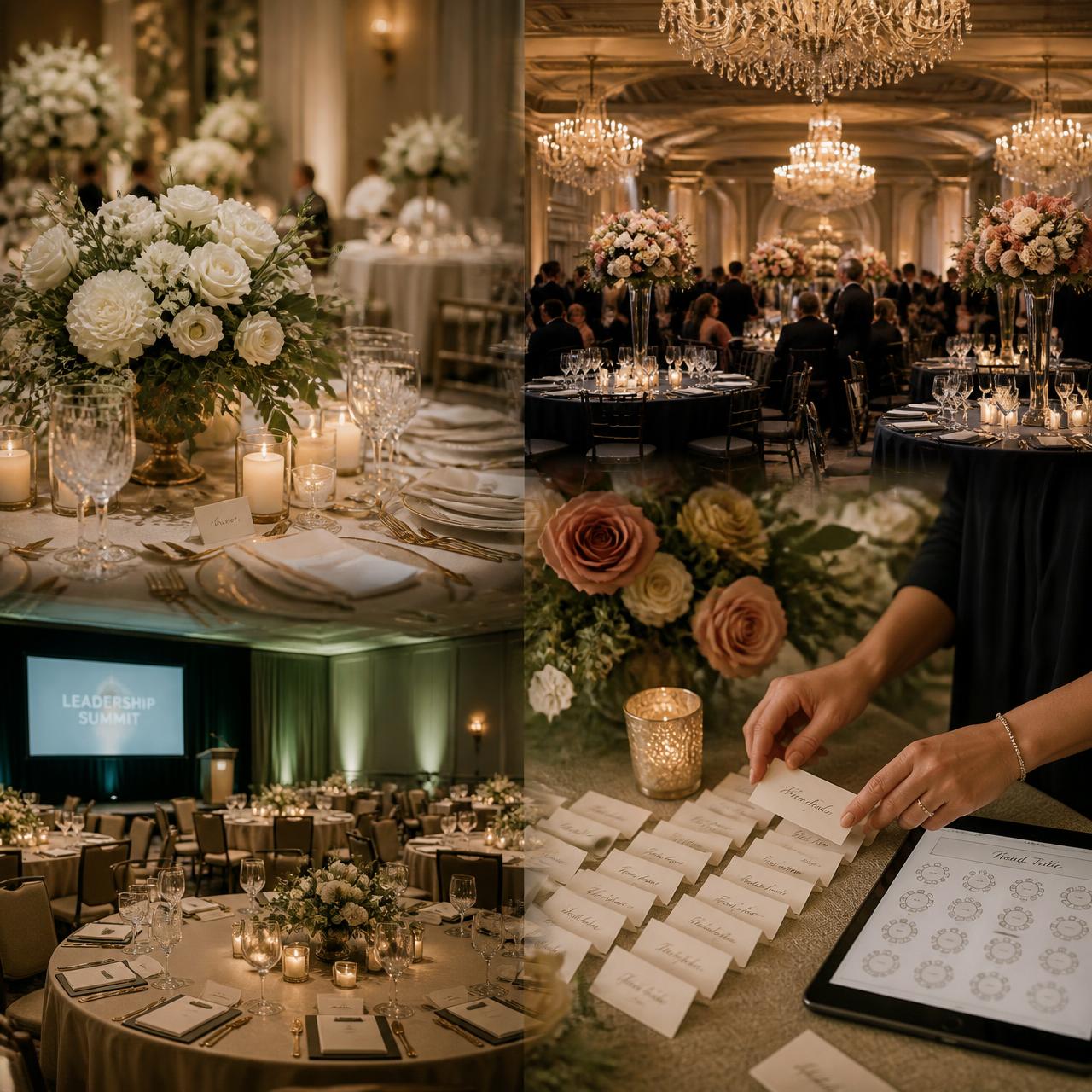 Couple at their wedding reception where a live seating plan display welcomes guests