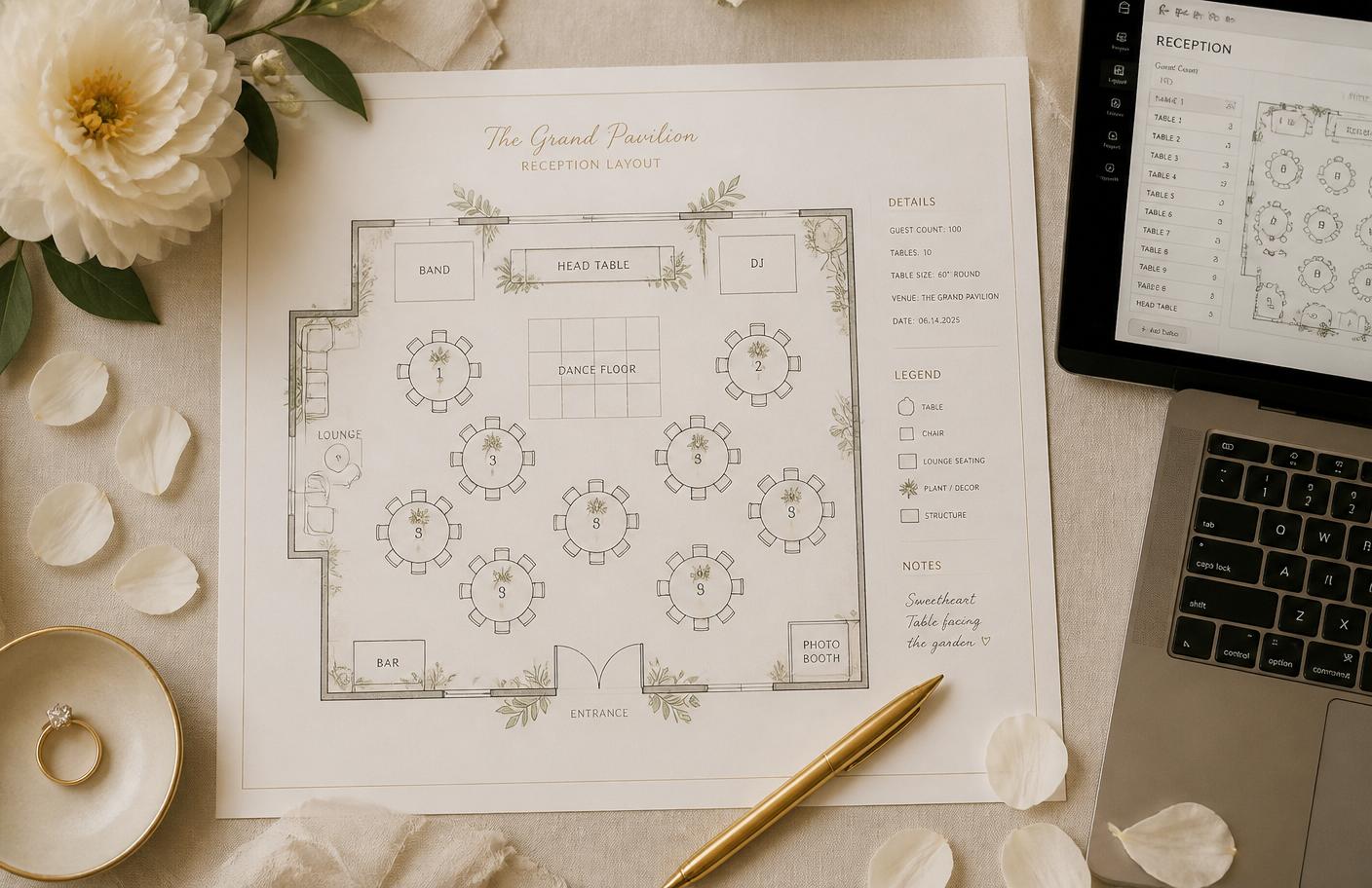 Wedding reception floor plan next to the LiveSeatPlan editor showing the same tables